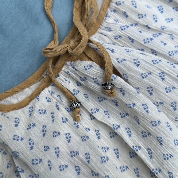 Free People flowing sheer boat neck drop shoulder mini dress white navy brown SP - Picture 5 of 5